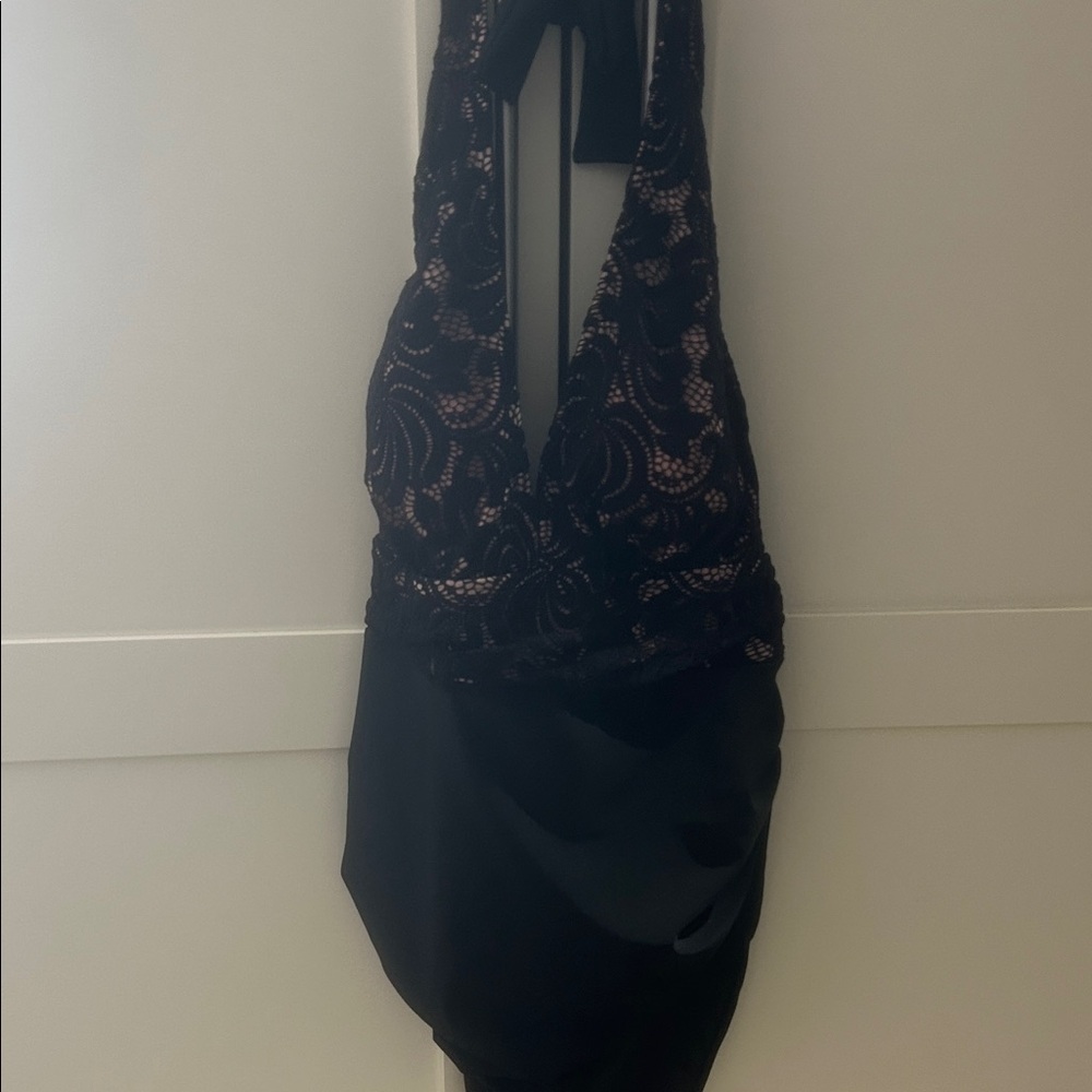 Black Lace One-Piece Halter Swimdress - Women